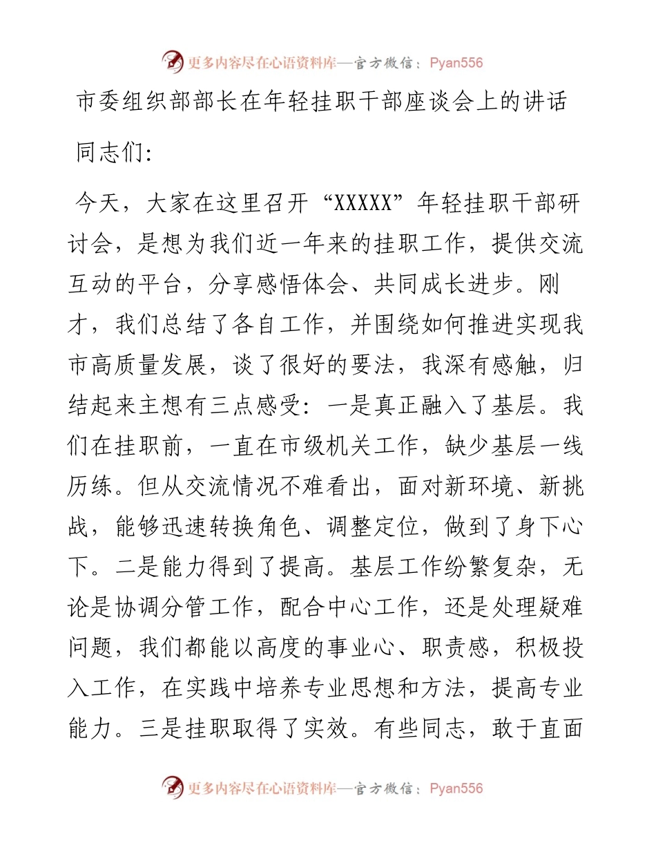 市委组织部部长在年轻挂职干部座谈会上的讲话.docx_第1页