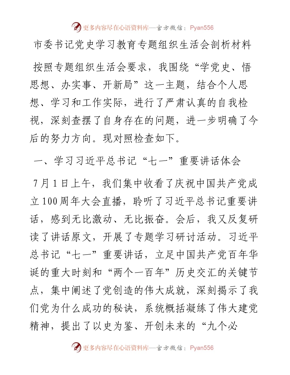 市委书记党史学习教育专题组织生活会剖析材料.docx_第1页