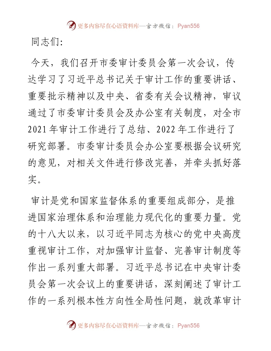 市委书记在市委审计委员会第一次会议上的讲话.docx_第1页