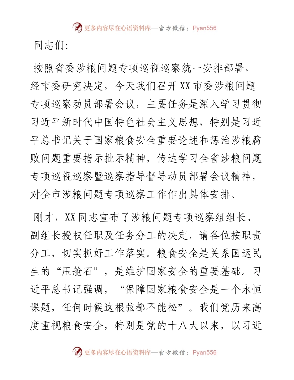 市纪委书记在涉粮问题专项巡察工作动员部署会上的讲话.docx_第1页