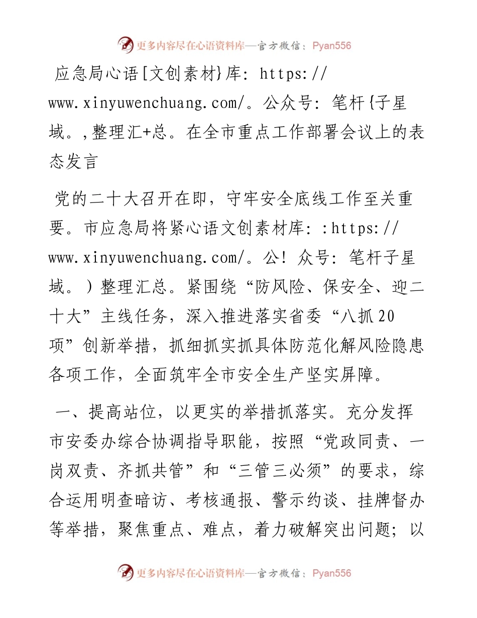 应急局在全市重点工作部署会议上的表态发言.docx_第1页