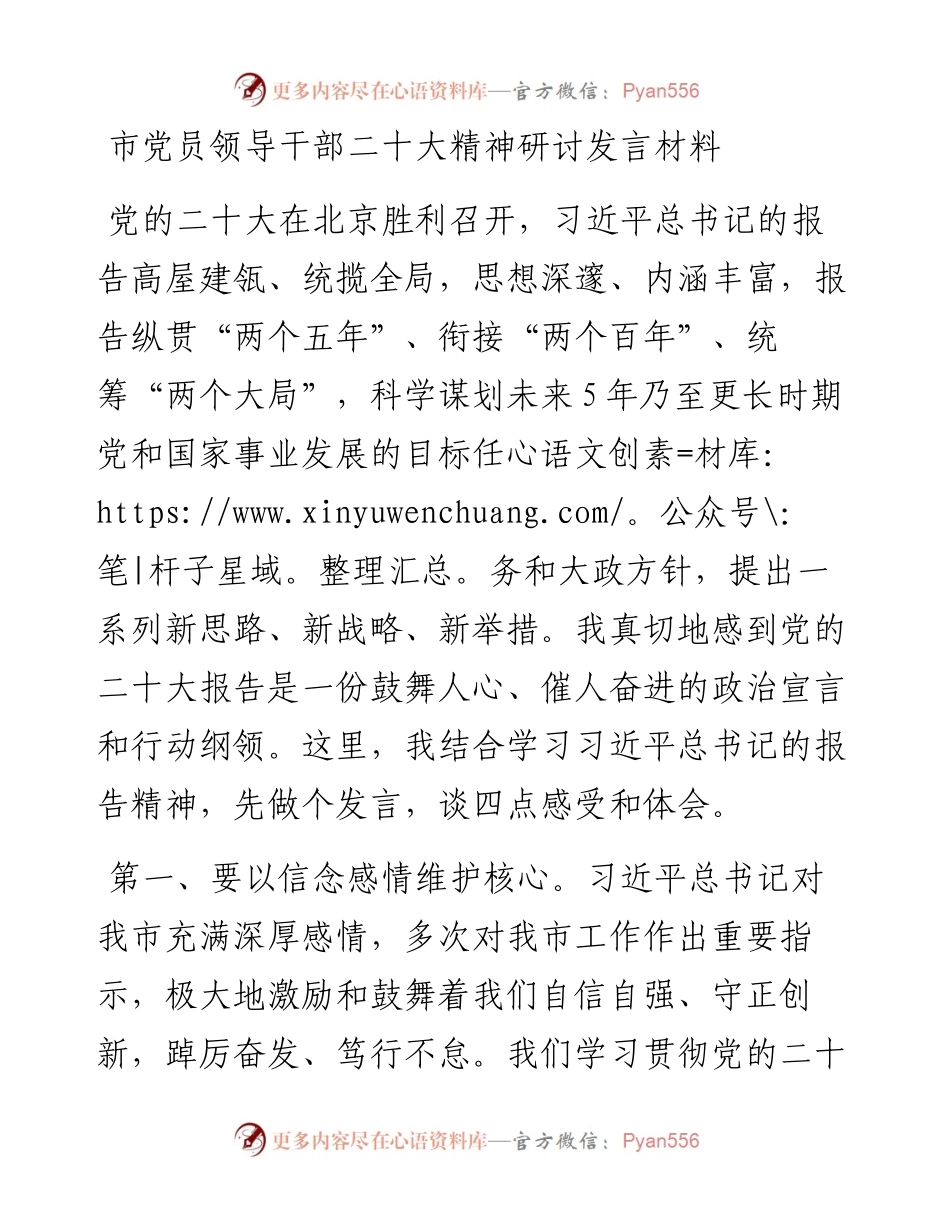 市党员领导干部二十大精神研讨发言材料.docx_第1页