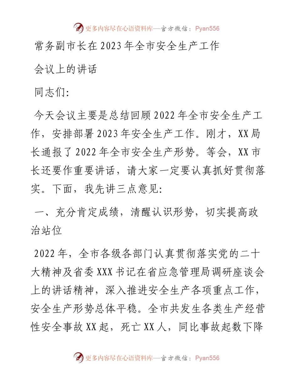 常务副市长在2023年全市安全生产工作会议上的讲话.docx_第1页