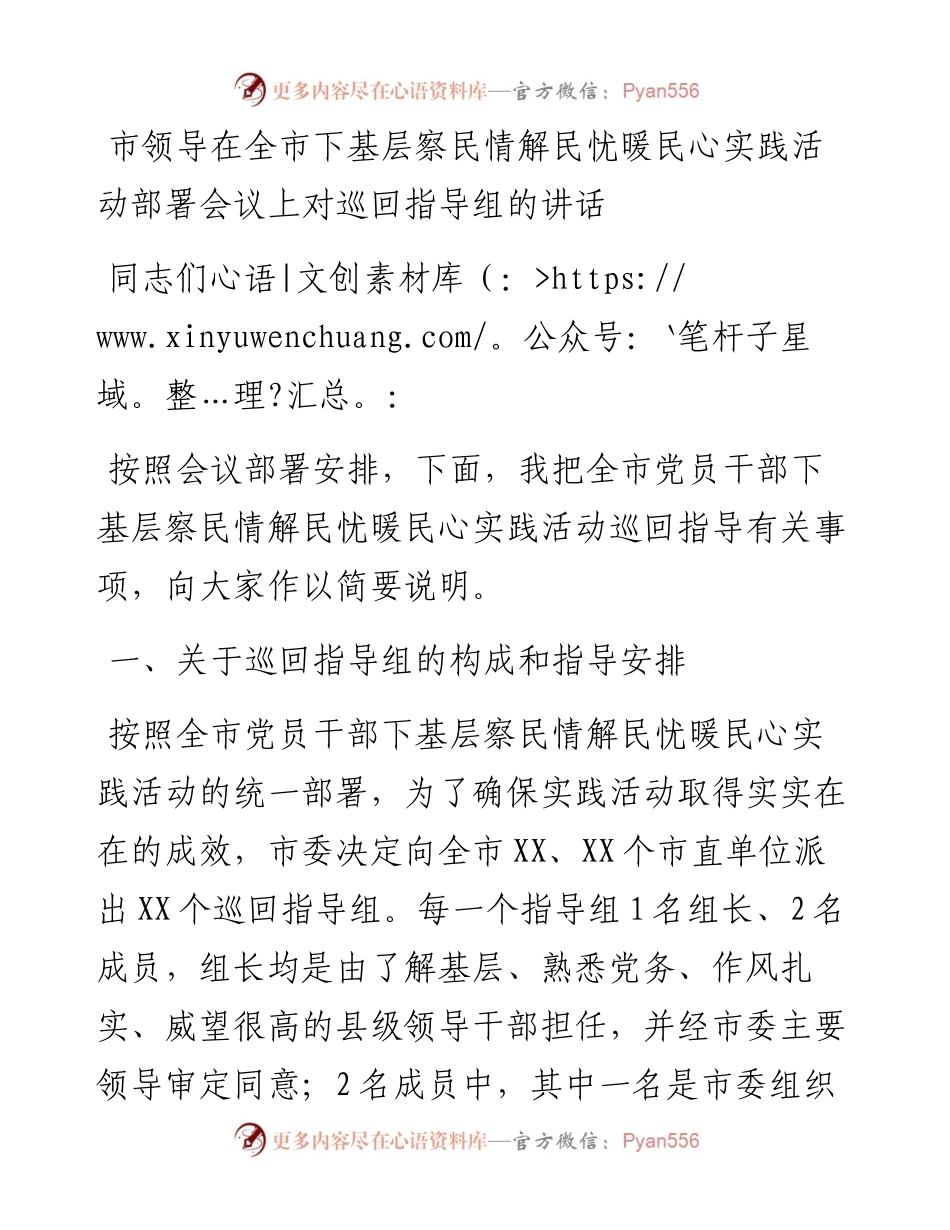 市领导在全市下基层察民情解民忧暖民心实践活动部署会议上对巡回指导组的讲话.docx_第1页