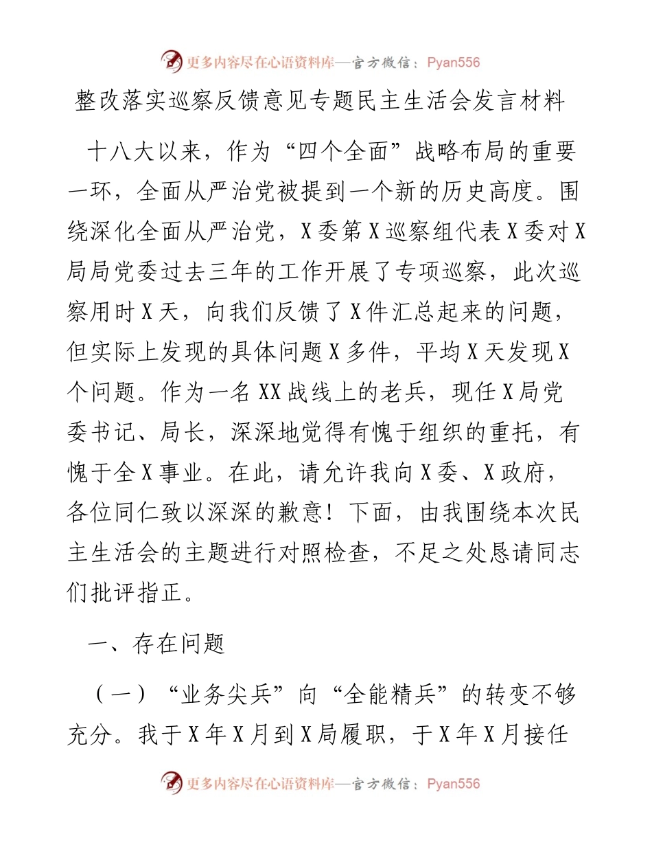 整改落实巡察反馈意见专题民主生活会发言材料.docx_第1页