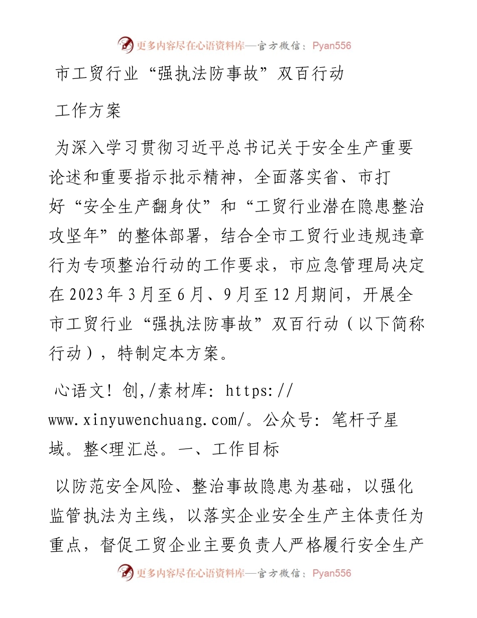 市工贸行业“强执法防事故”双百行动工作方案.docx_第1页
