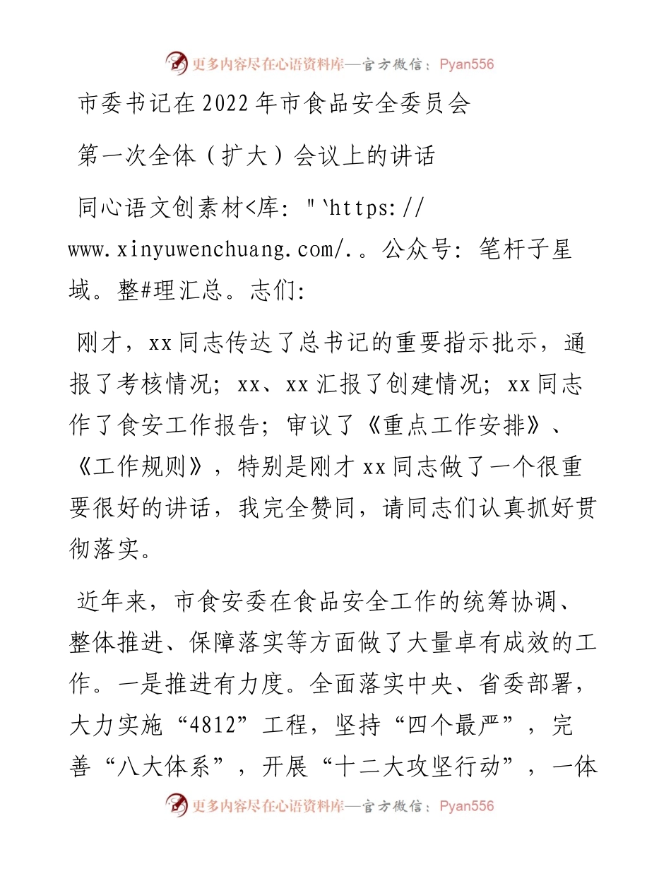 市委书记在市食品安全委员会第一次全体（扩大）会议上的讲话.docx_第1页
