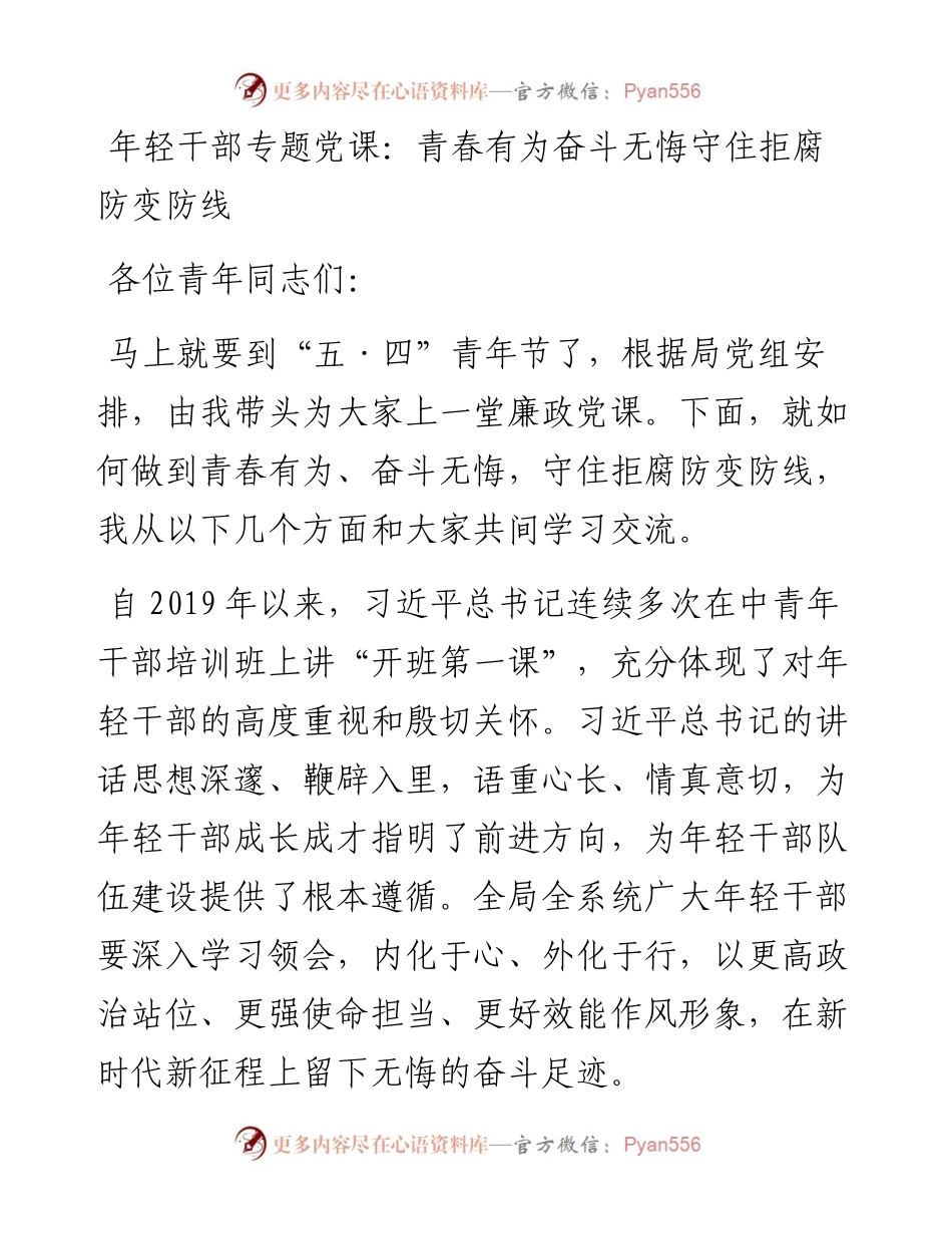 年轻干部专题党课：青春有为奋斗无悔守住拒腐防变防线.docx_第1页