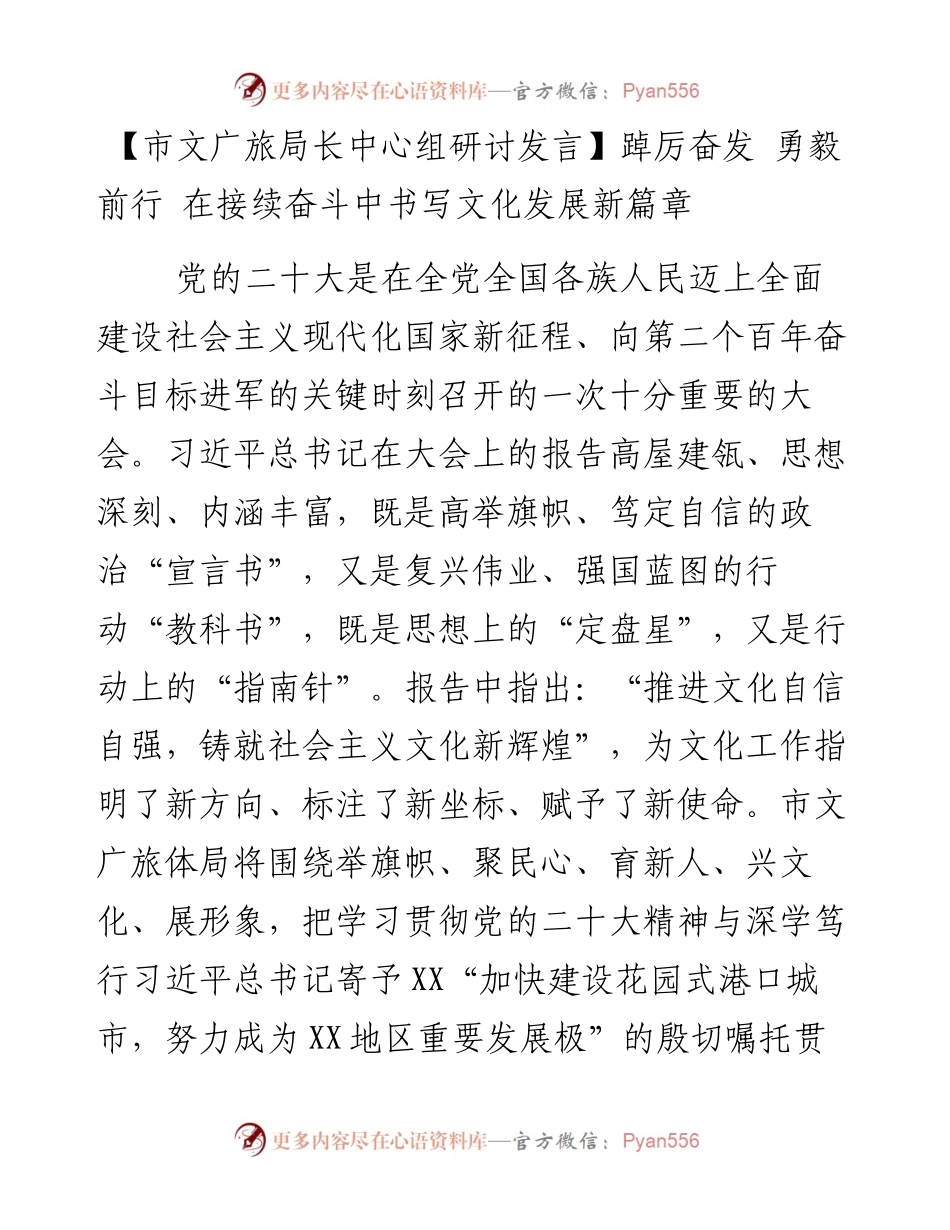 市文广旅局长中心组研讨发言：踔厉奋发 勇毅前行 在接续奋斗中书写文化发展新篇章.docx_第1页