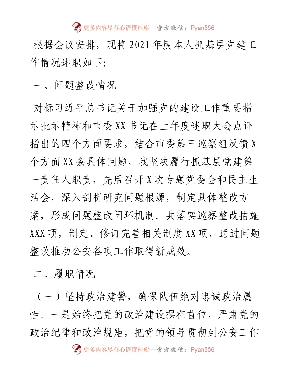 市公安局党委书记抓基层党建工作述职报告.docx_第1页