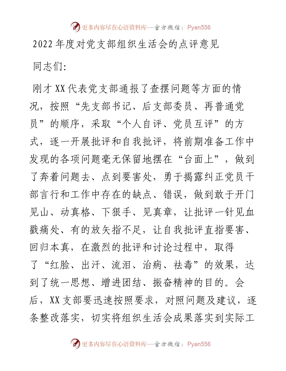 度对党支部组织生活会的点评意见.docx_第1页