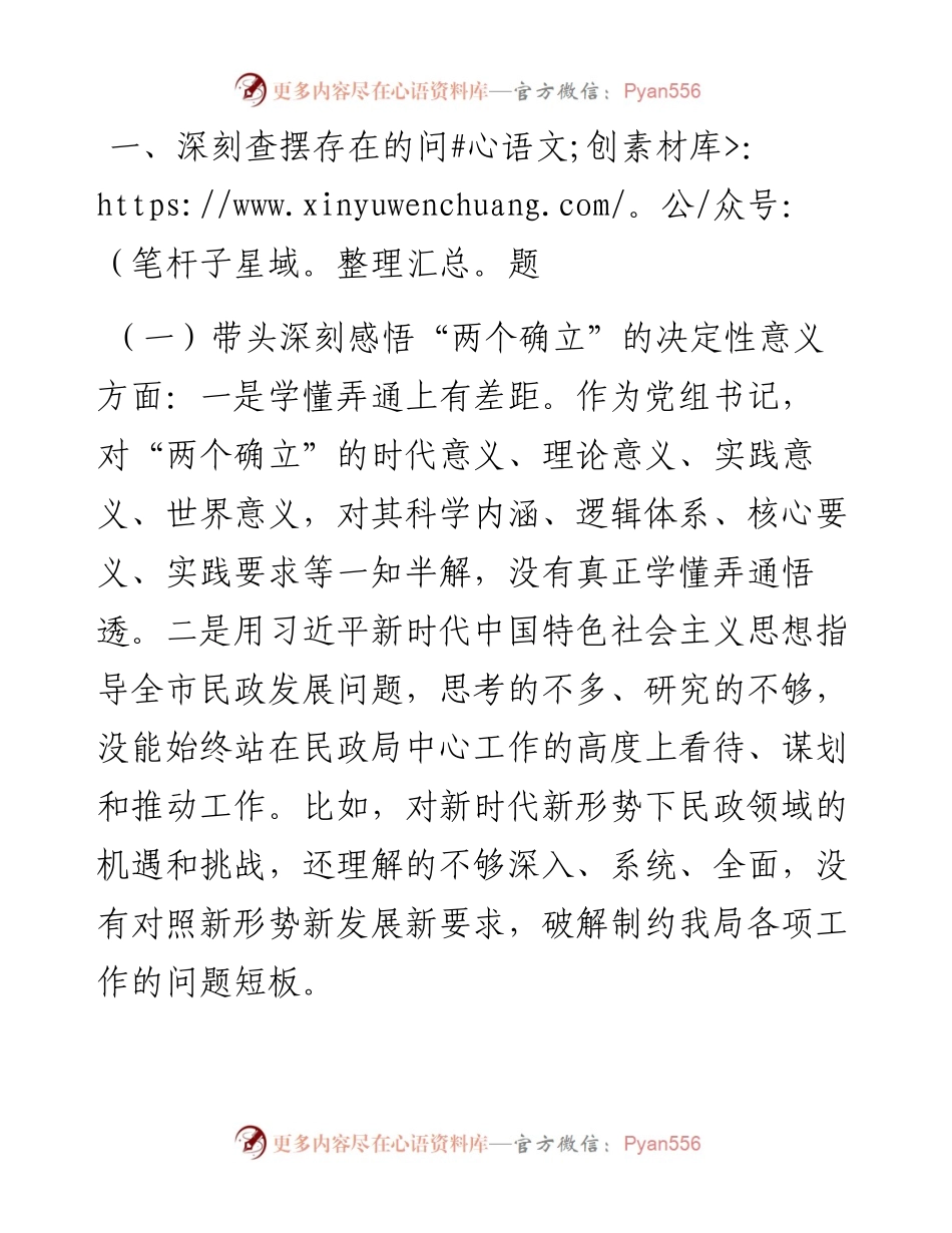 市民政局党组书记党史学习教育民主生活会“五个带头”对照检查材料.docx_第2页