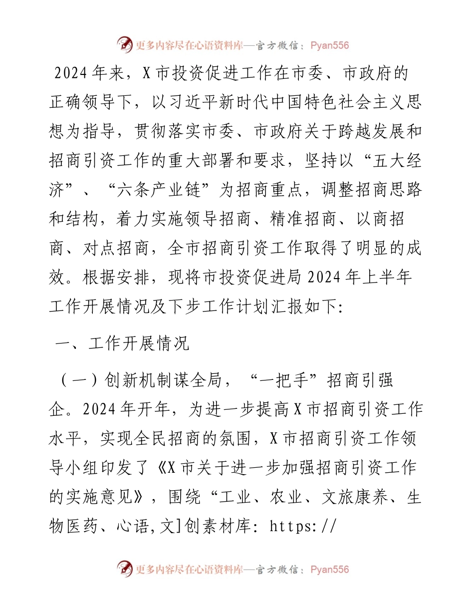 市投资促进局2024年上半年工作总结及下半年工作计划.docx_第1页