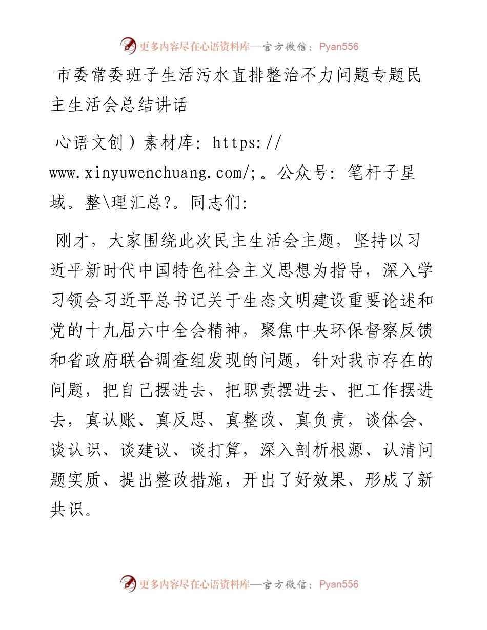 市委常委班子生活污水直排整治不力问题专题民主生活会总结讲话.docx_第1页