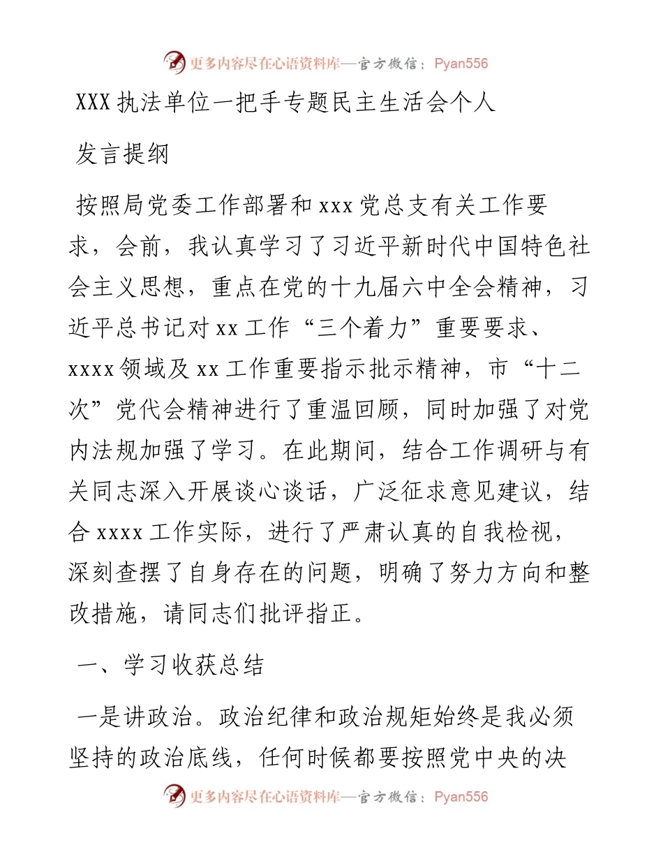 执法单位一把手专题民主生活会个人发言提纲.docx_第1页