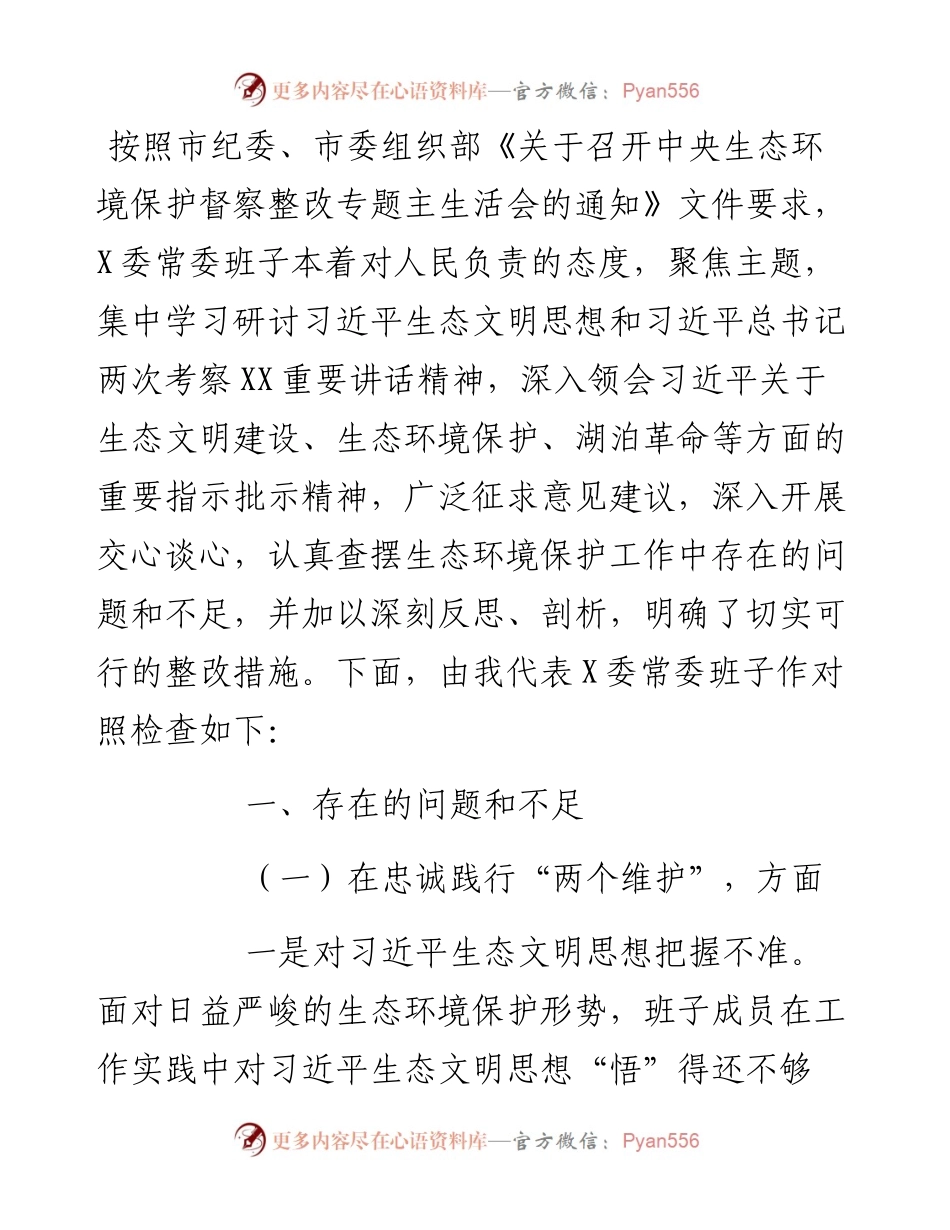 常委班子生态环境保护督察整改专题民主生活会对照检查材料.docx_第1页
