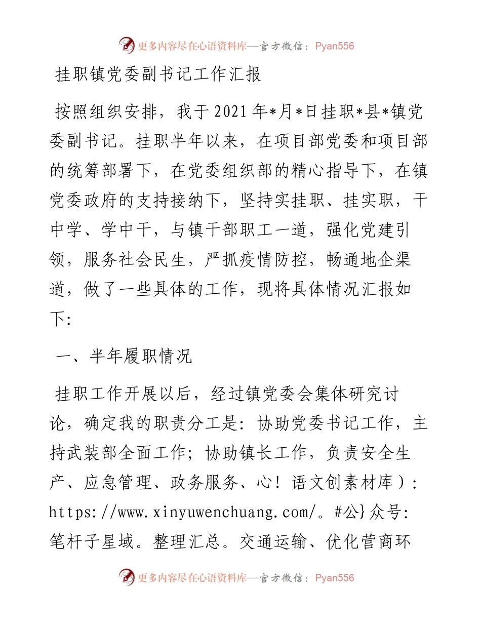 挂职镇党委副书记工作汇报.docx_第1页