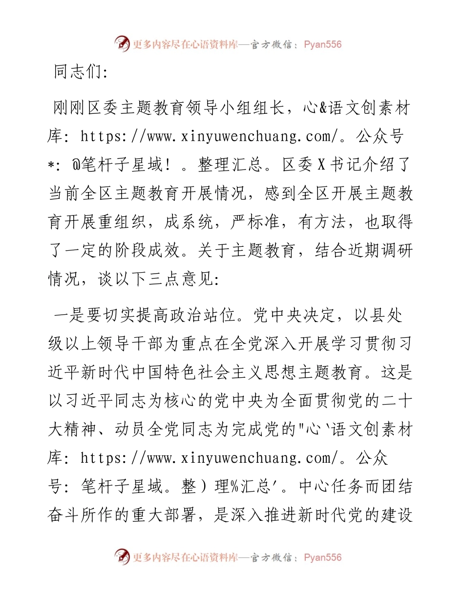 指导组长在全区主题教育专题推进会议上的讲话.docx_第1页