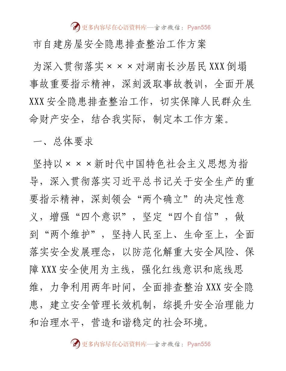 市自建房屋安全隐患排查整治工作方案.docx_第1页