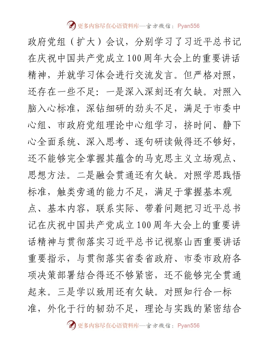 市长党史学习教育专题组织生活会对照检查材料.docx_第2页