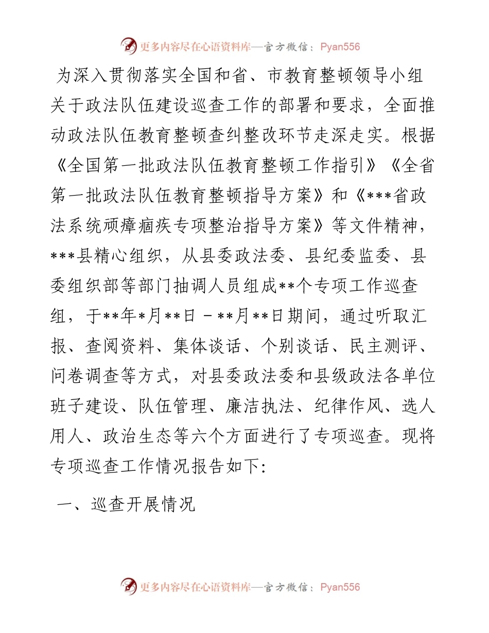 政法队伍建设巡查工作情况报告.docx_第1页