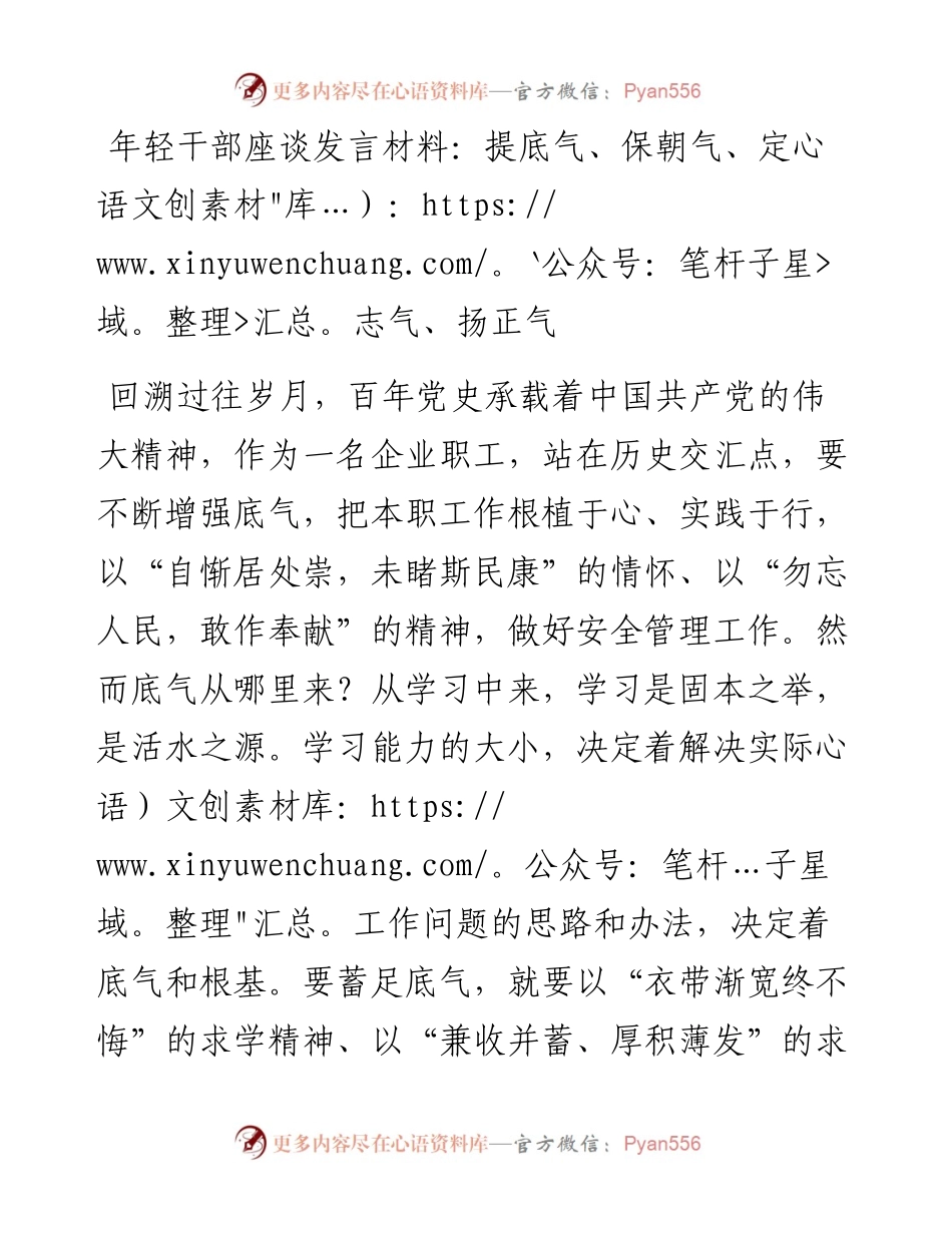 年轻干部座谈发言材料：提底气、保朝气、定志气、扬正气.docx_第1页