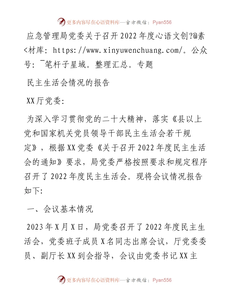 应急管理局党委关于召开度专题民主生活会情况的报告.docx_第1页