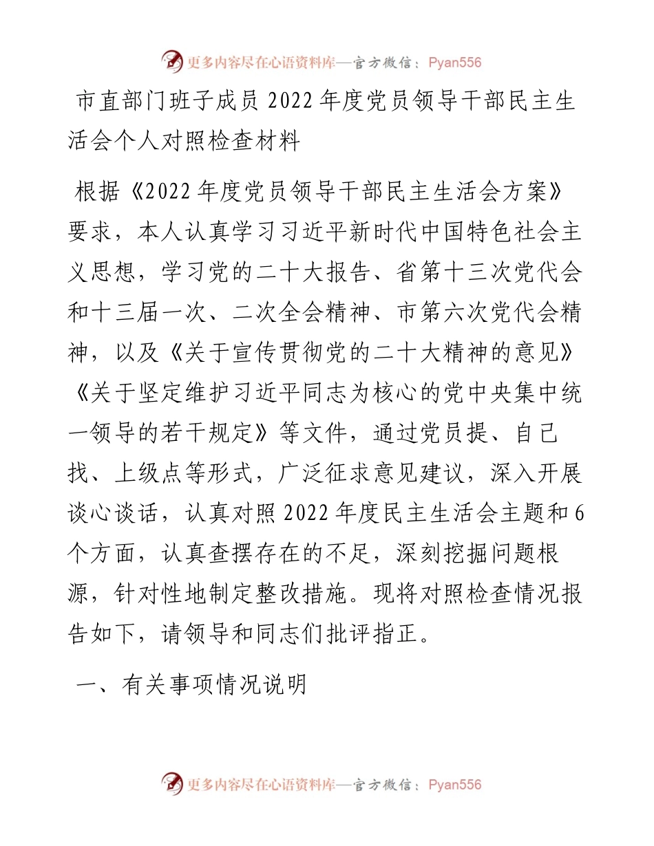 市直部门班子成员度党员领导干部民主生活会个人对照检查材料.docx_第1页