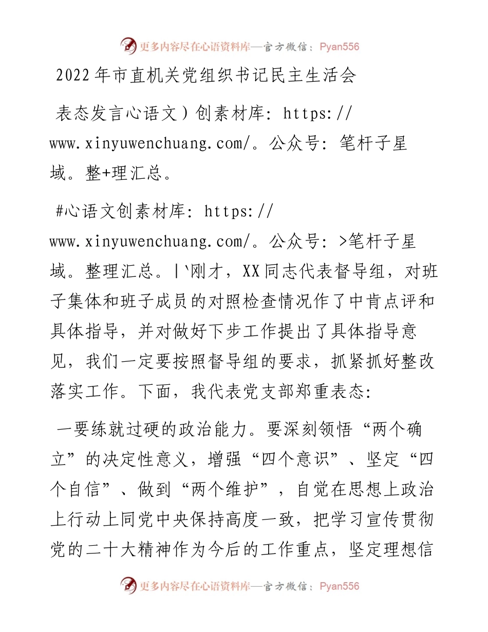 市直机关党组织书记民主生活会表态发言.docx_第1页