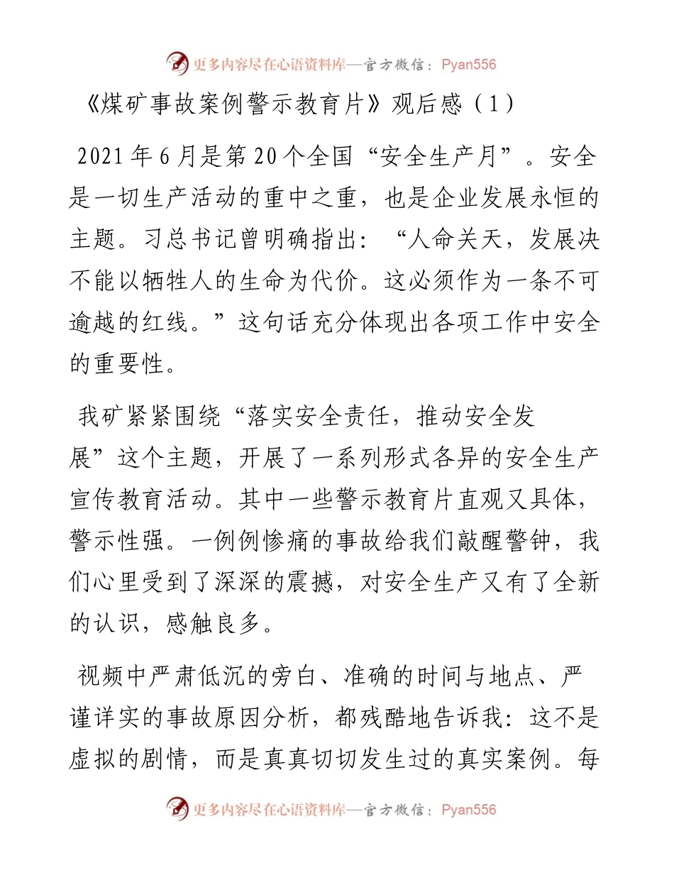 文汇系列2681--煤矿事故案例警示教育心得体会汇编.docx_第1页