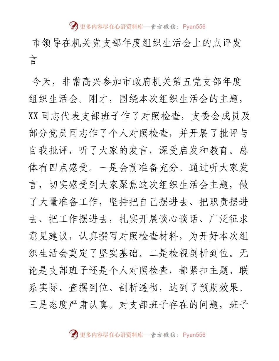 市领导在机关党支部年度组织生活会上的点评发言.docx_第1页