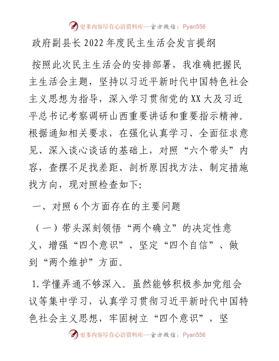 政府副县长度民主生活会发言提纲.docx_第1页
