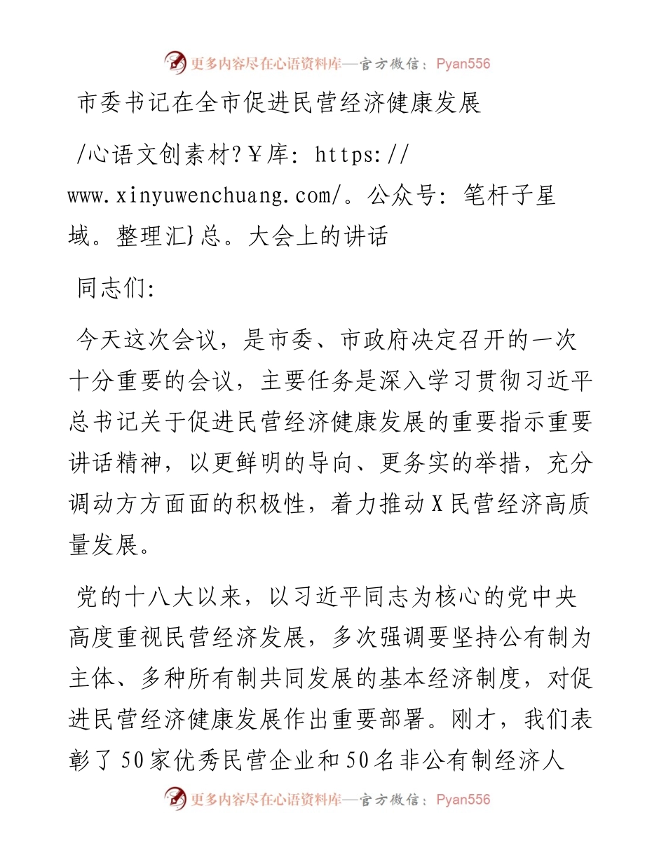 市委书记在全市促进民营经济健康发展大会上的讲话.docx_第1页