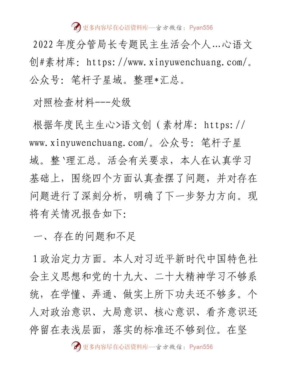 度分管局长专题民主生活会个人对照检查材料---处级.docx_第1页