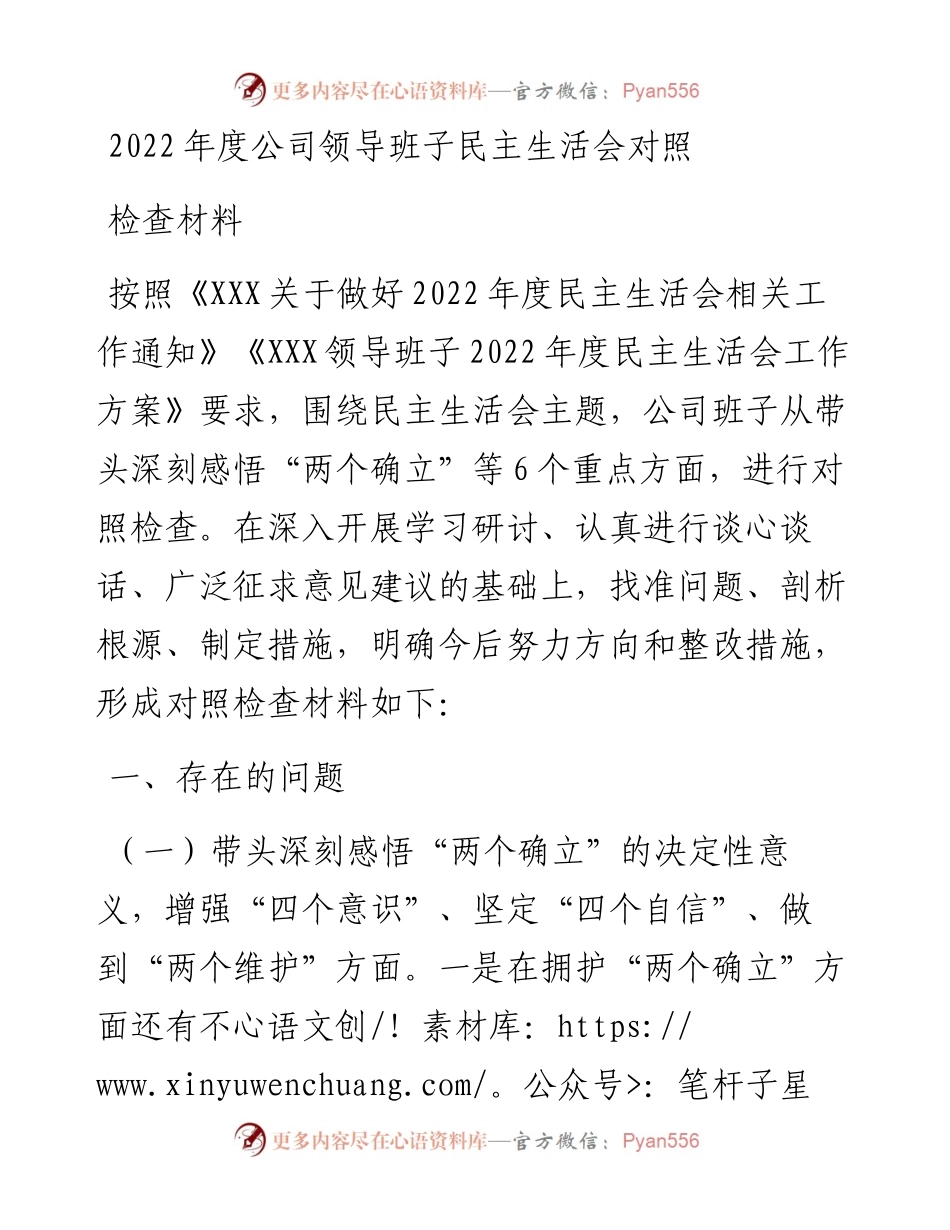 度公司领导班子民主生活会对照检查材料.docx_第1页