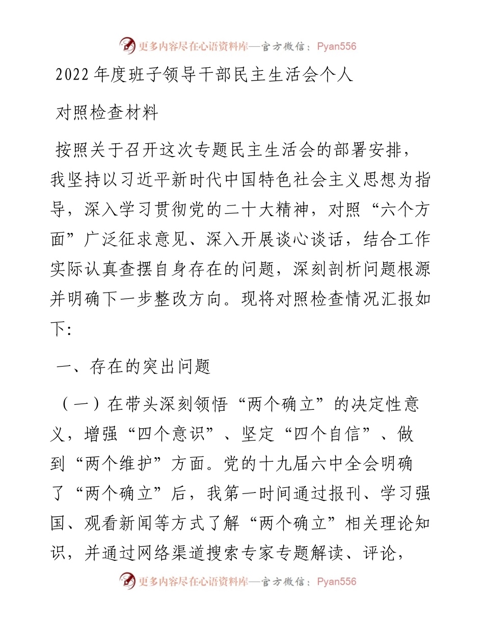 度班子领导干部民主生活会个人对照检查材料.docx_第1页
