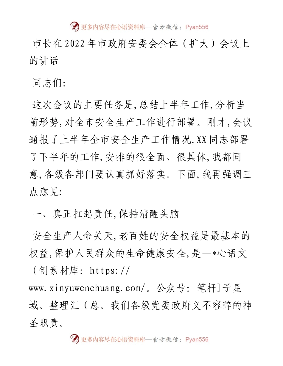 市长在市政府安委会全体（扩大）会议上的讲话.docx_第1页