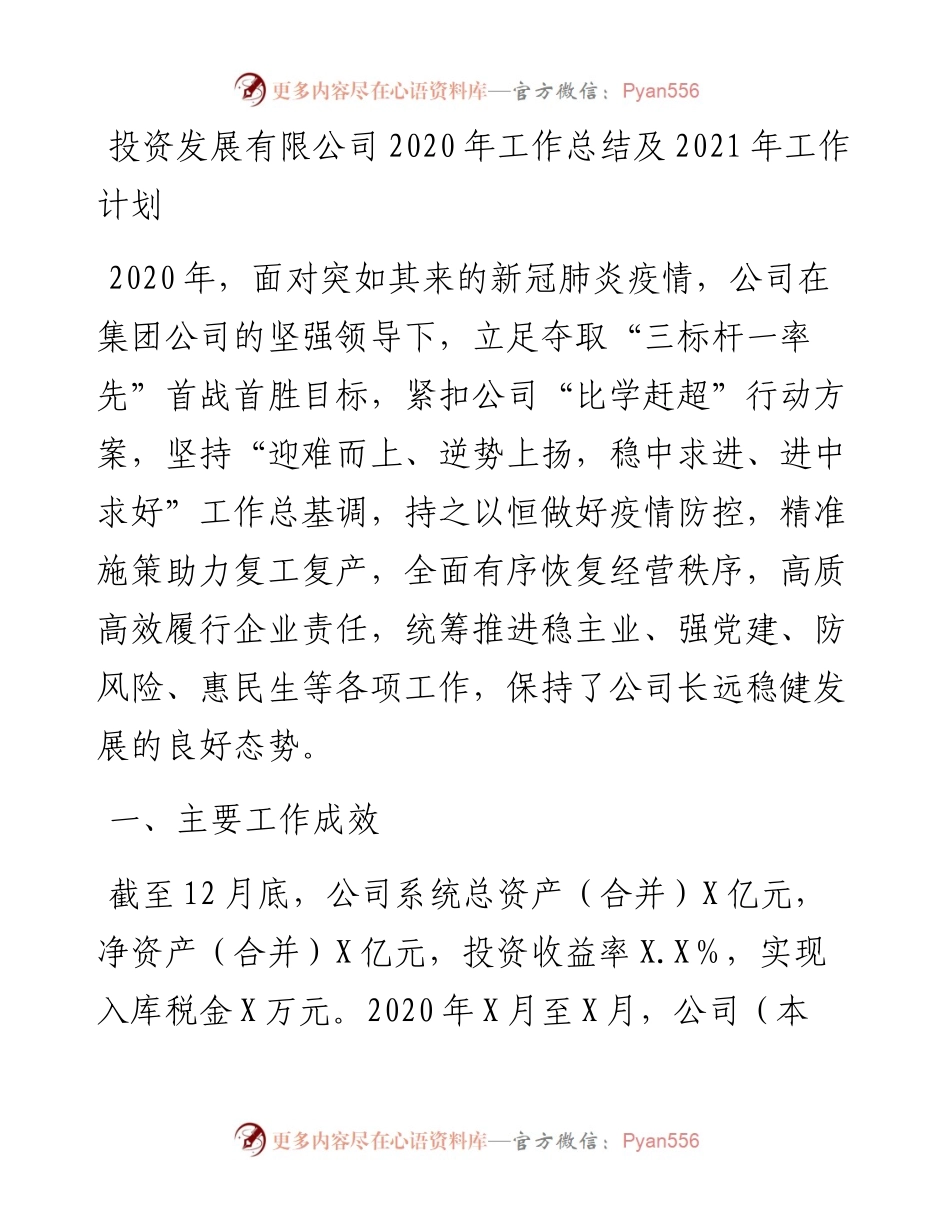 投资发展有限公司工作总结及工作计划.docx_第1页