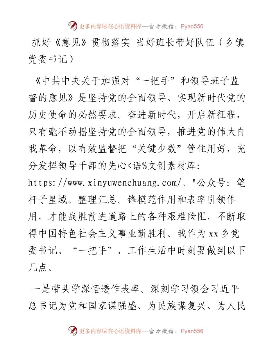 抓好《意见》贯彻落实 当好班长带好队伍（乡镇党委书记）.docx_第1页