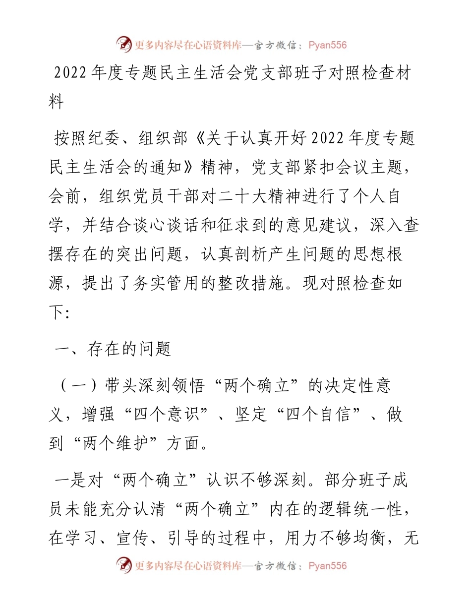 度专题民主生活会党支部班子对照检查材料.docx_第1页