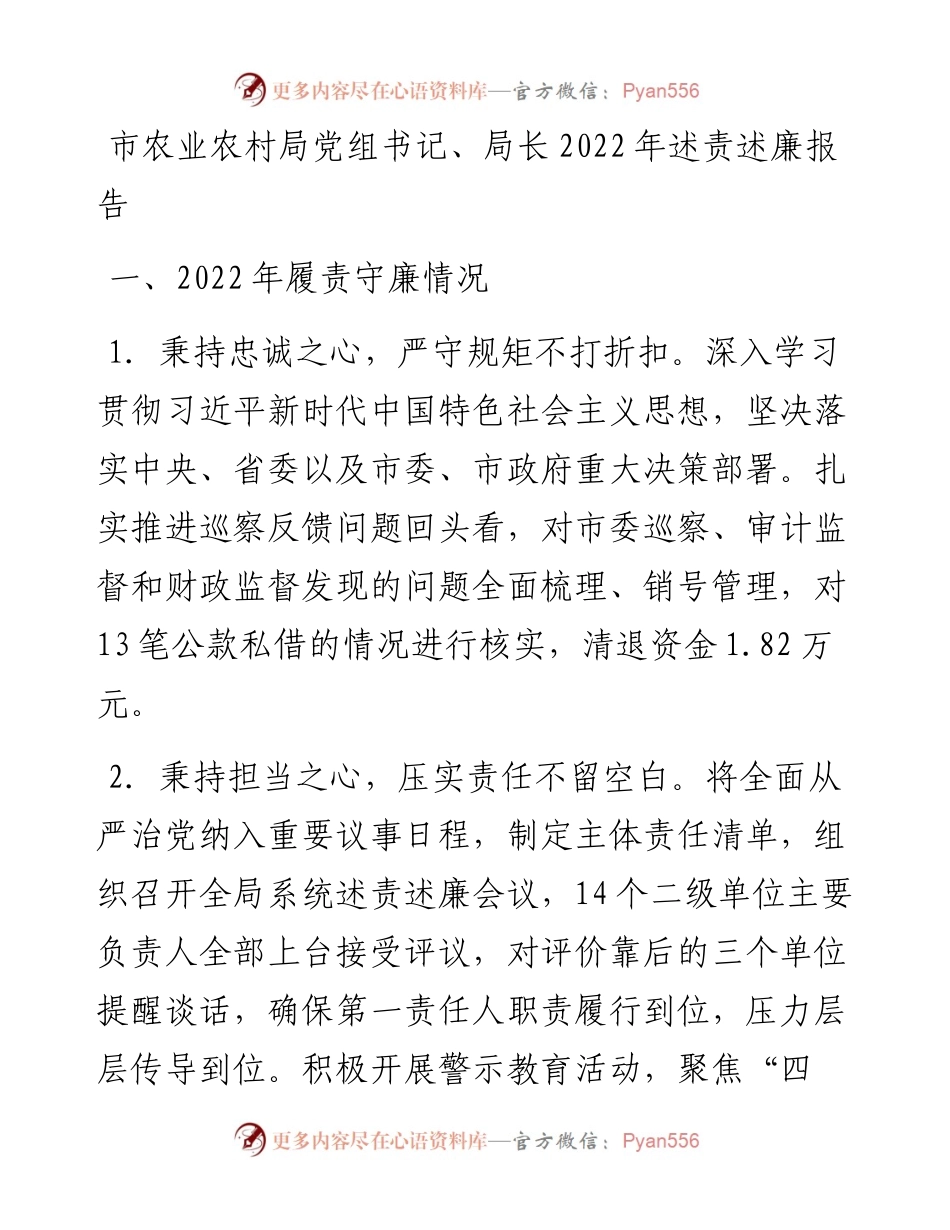 市农业农村局党组书记、局长述责述廉报告.docx_第1页