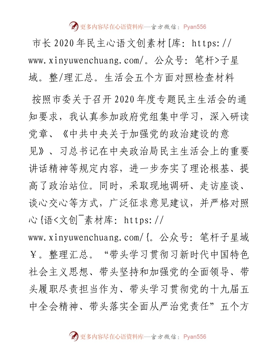 市长民主生活会五个方面对照检查材料.docx_第1页