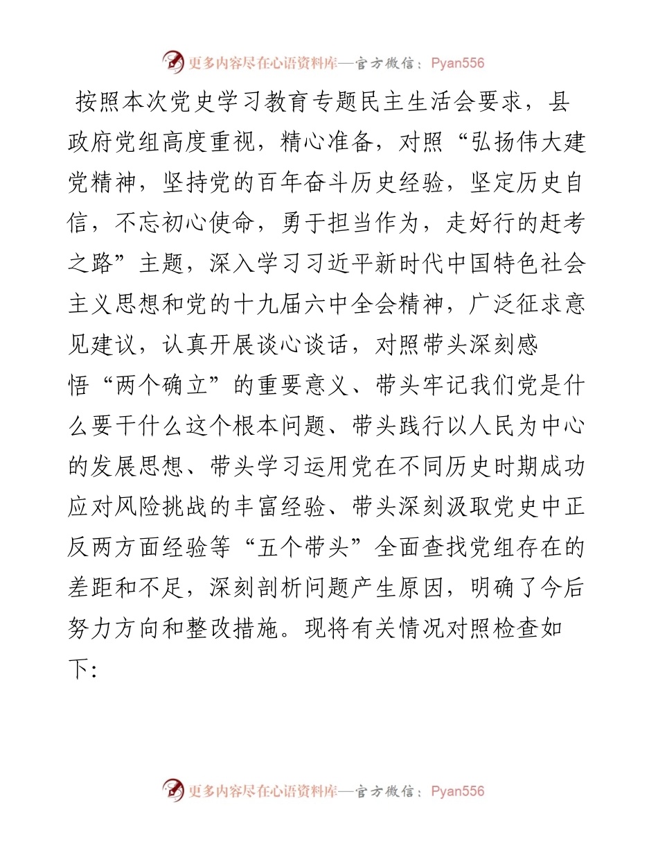 政府党组党史学习教育专题民主生活会“五个带头”对照检查材料.docx_第1页