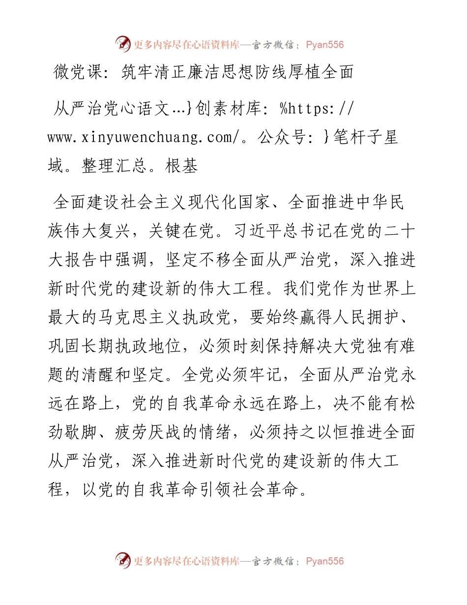 微党课：筑牢清正廉洁思想防线厚植全面从严治党根基.docx_第1页