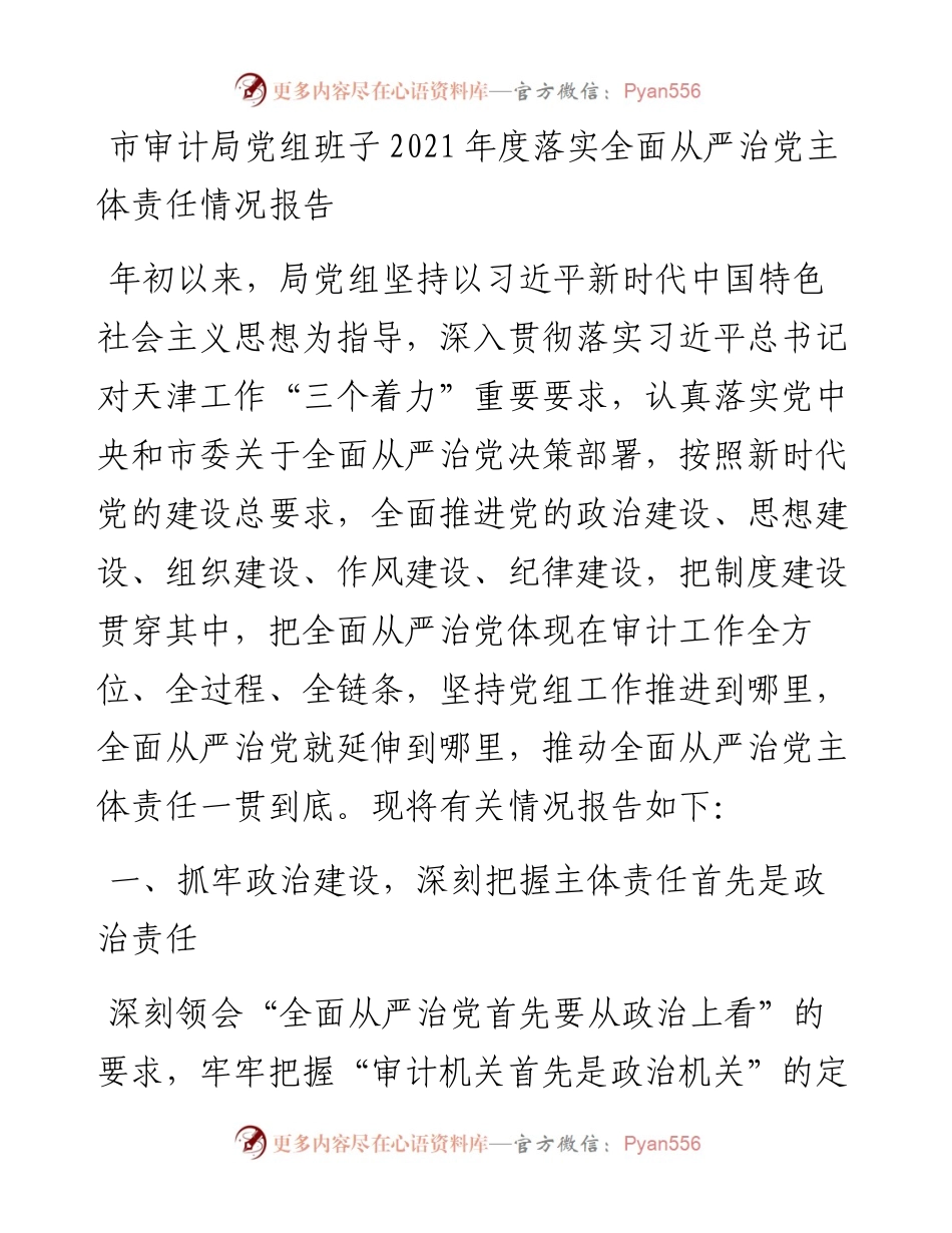 市审计局党组班子度落实全面从严治党主体责任情况报告.docx_第1页