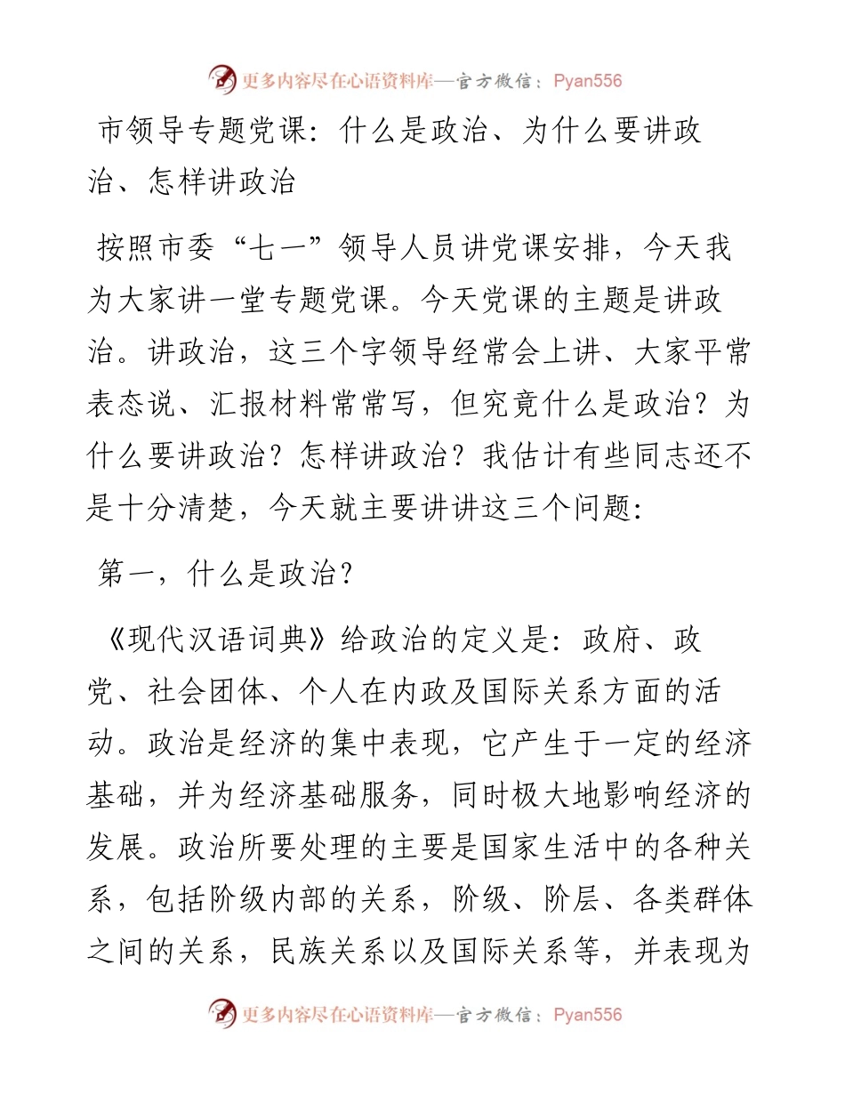 市领导专题党课：什么是政治、为什么要讲政治、怎样讲政治.docx_第1页