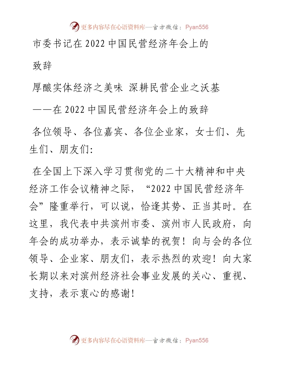 市委书记在中国民营经济年会上的致辞.docx_第1页