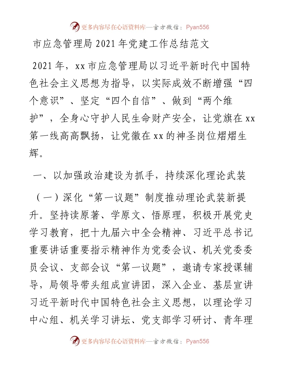 市应急管理局党建工作总结范文工作汇报报告.docx_第1页