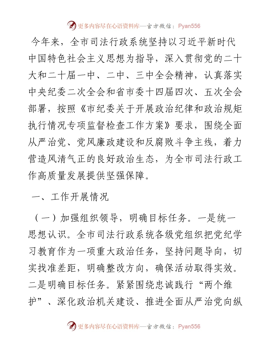 市司法局关于开展政治纪律和政治规矩执行情况专项监督检查工作报告.docx_第1页