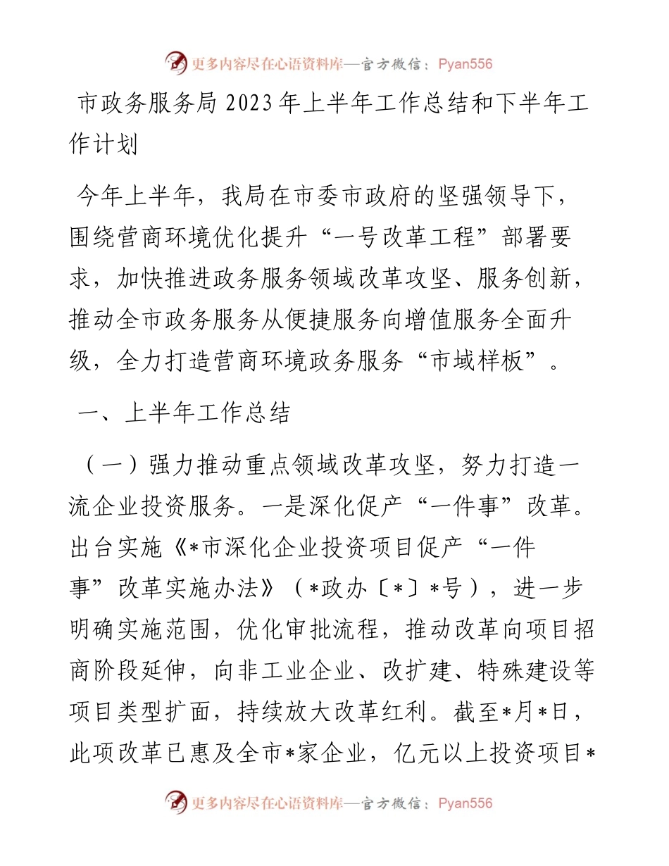 市政务服务局2023年上半年工作总结和下半年工作计划.docx_第1页